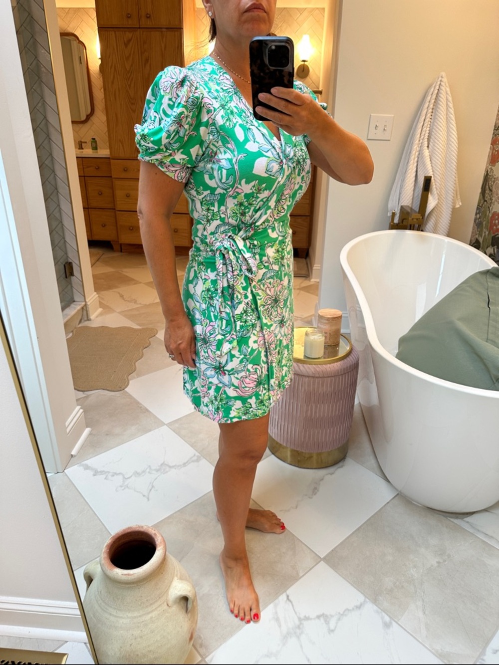 Lilly Pulitzer Green, Pink and White Floral Mini Wrap Dress - Picture 2 of 6